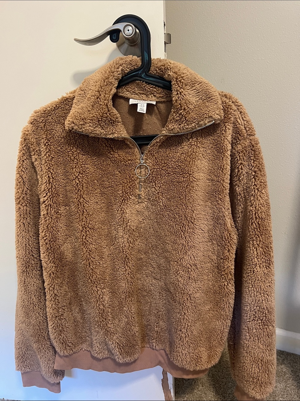 Topshop Tan Plush Half-Zip Teddy Pullover